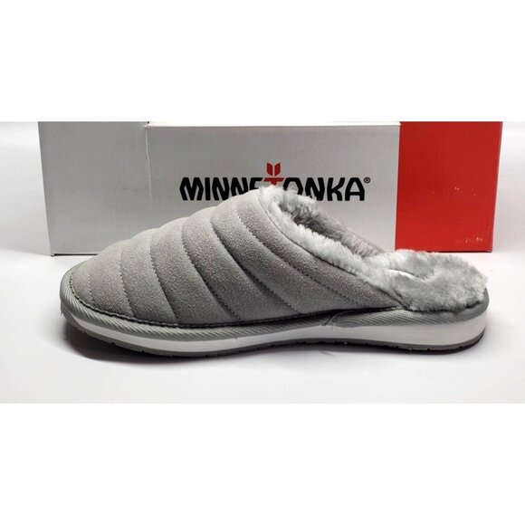 NWB Minnetonka Women's Gray Suede Sussana Scuff Faux Shearling Slippers Sz 7 571 - Picture 1 of 5
